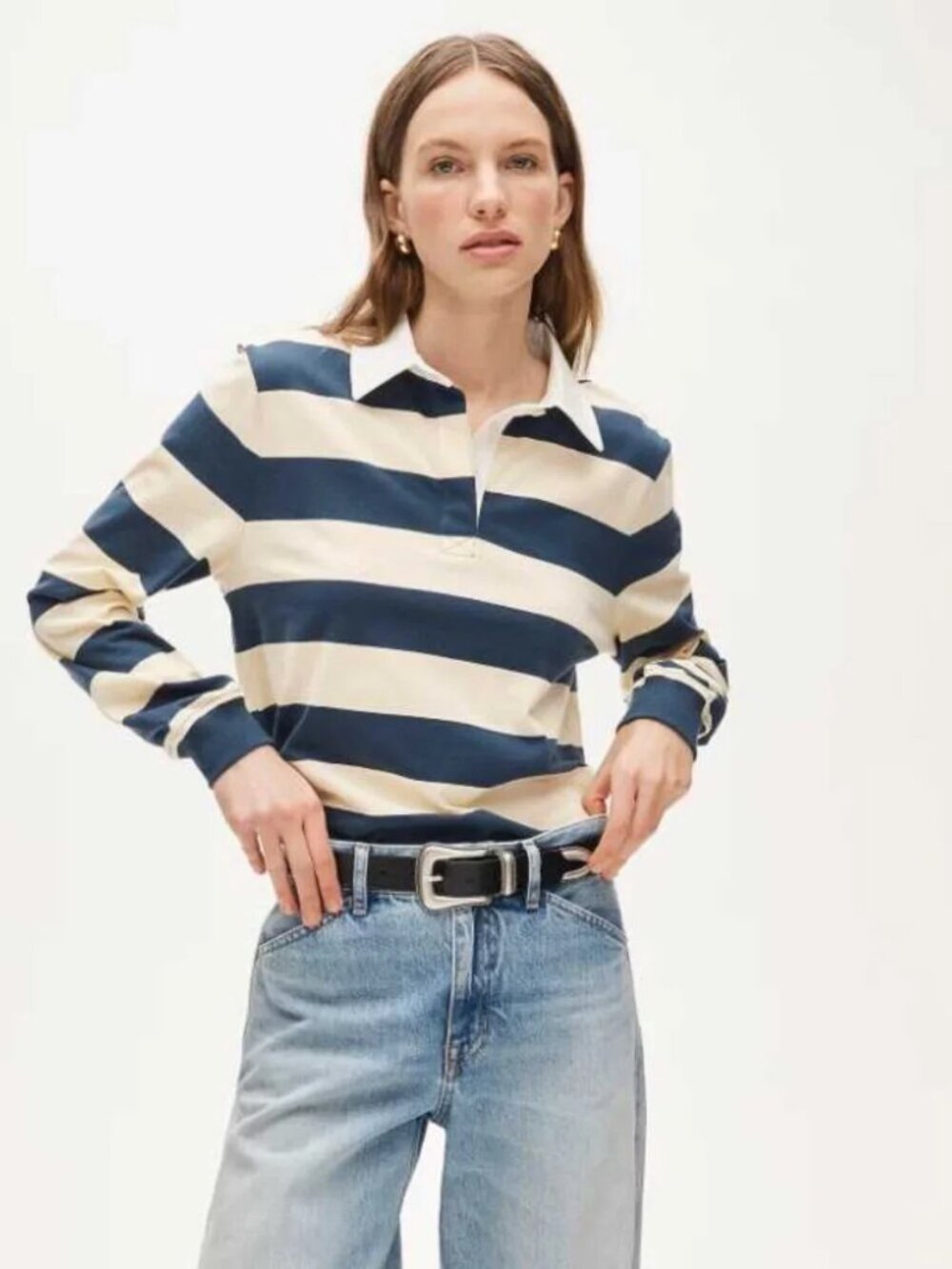 J. Crew Boyfriend Jersey Rugby Shirt in Stripe Navy Blue Light Yellow